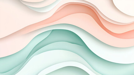 Wall Mural - A soft pastel paper cut wave design in shades of blush pink, mint green, and light peach, with smooth curves for a calming, serene background.