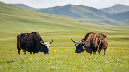 A Pair of Yaks Grazing on the Tibetan Plateau, Sichuan, China: Two yaks, one with dark brown fur and the other with a lighter coat, are grazing peacefully on the Tibetan Plateau.