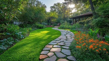 Canvas Print - Landscaped Garden Path with Lush Greenery