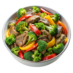 Beef stir fry with broccoli and bell peppers isolated on transparent background