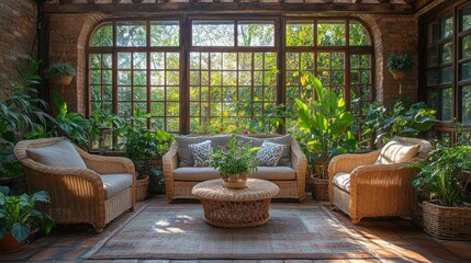 Poster - Sunlit Conservatory with Wicker Furniture