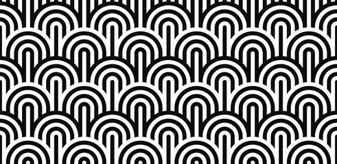Aufkleber - Vector seamless pattern. Stylish linear ornament. Geometric striped background with arches. Art deco thin monochrome swatch. Tileable print with a rounded grid.