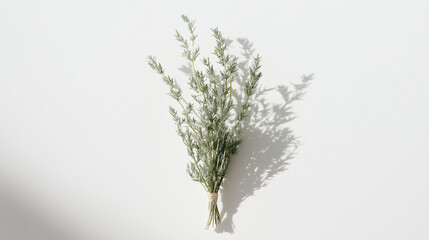 Wall Mural - a single sprig of mugwort tied with hemp twine its feather-like, silvery-green leaves gracefully arranged against an isolated white background