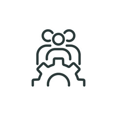 Team training, teamwork development, crm system outline icon. Line sign group of three people with a gear. Vector isolated pictograms for web on white background editable stroke.