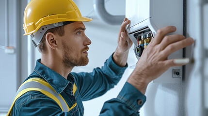 Aufkleber - Engineer wearing a yellow hard hat, and blue overalls, installing a white energy-efficient boiler on a plain white wall. The engineer is focused and carefully adjusting the boiler. Generative AI.