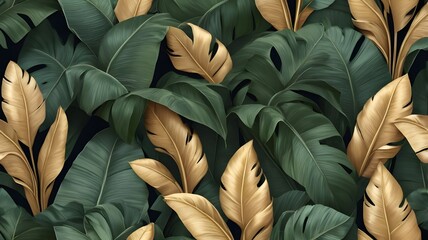 A high-definition image of a tropical leaf pattern design with a luxurious touch, featuring golden banana leaf line arts.