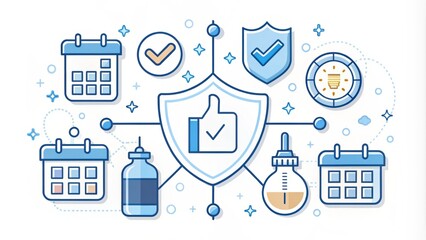 A stylized infographic with bold lines, shapes, and icons, featuring a vaccine ampoule at the center, surrounded by smaller elements such as a calendar, a shield, and a thumbs-up