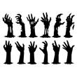 © Kathy  - A zombie hand rising from the cemetery in a spooky night. Halloween party card - pumpkins and skeletons in the cemetery at night