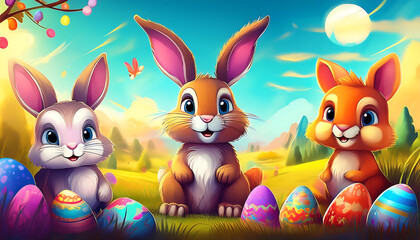 cartoon rabbit animals field easter eggs