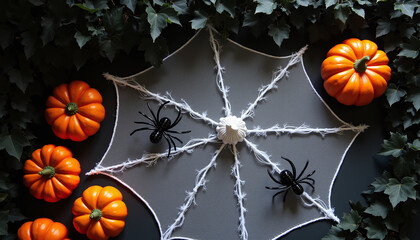 a spider and pumpkins on a table with leaves and vines