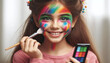 © Катерина - A portrait of an adorable young girl applying a rainbow face painting with a brush