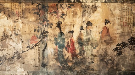 Sticker - Asian scroll painting wallpaper