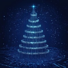 digital glowing tech christmas tree on blue background