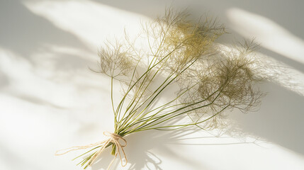 Wall Mural - fennel fronds tied with a rustic hemp string its wispy, feather-like structure splaying out against an isolated white background