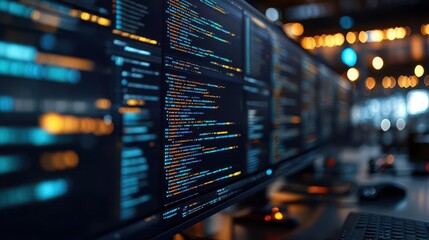 Wall Mural - computer programming with code displayed on multiple monitors, tech-savvy style, sharp focus, high d