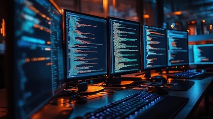 Wall Mural - computer programming with code displayed on multiple monitors, tech-savvy style, sharp focus, high d
