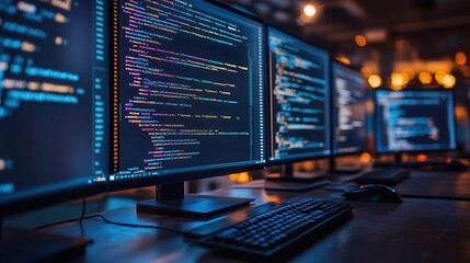 Wall Mural - computer programming with code displayed on multiple monitors, tech-savvy style, sharp focus, high d