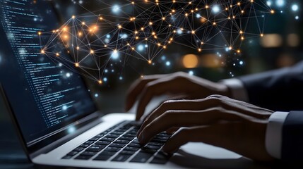 Hands Typing on Laptop with Abstract Network Pattern Above