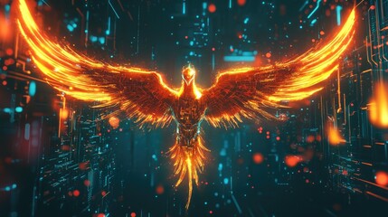 A cybernetic phoenix bird robot with glowing wings rising from digital flames in a futuristic, dark setting.