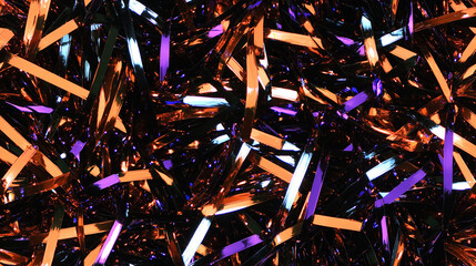 Wall Mural - shimmering tinsel garland texture with a blend of hologram orange, black and purple strands