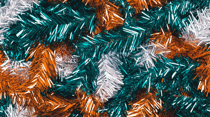 shimmering tinsel garland texture with a blend of metallic dark teal, bright orange and white strands