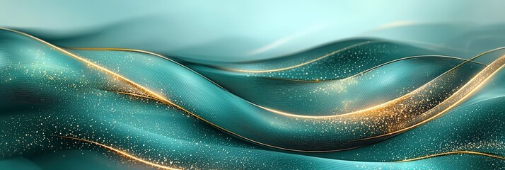 Poster - Teal fabric waves undulate smoothly, enhanced with glimmers of gold, creating a tranquil ambiance. The gentle movement suggests a calming, artistic vision