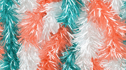 shimmering tinsel garland texture with a blend of pearly coral, teal and white strands