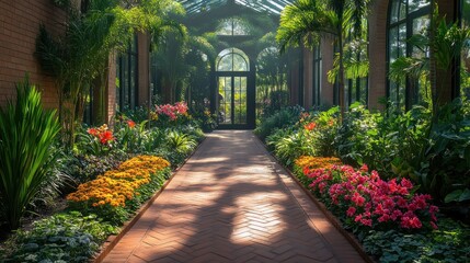 Poster - Sunlit Greenhouse Pathway