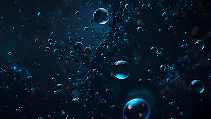 Wall Mural - Abstract digital background featuring clusters of bubbles in different sizes, suspended in a dark blue cosmic void