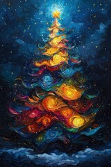 Poster - The artwork depicts a magnificent Christmas tree featuring swirling colors and a bright star atop, set in a deep blue night filled with sparkling stars