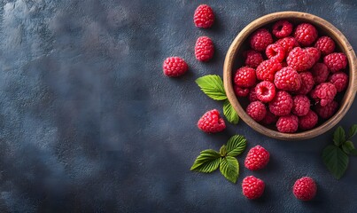 Wall Mural -  healthy food showing ripe raspberries on a berry filled background, Generative AI 