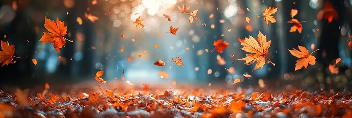 Canvas Print - Leaves in various shades of orange and yellow dance through the air on a crisp autumn day, as the sun sets behind trees, casting a warm glow along the forest trail