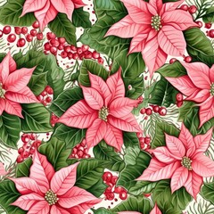 Poster - This festive design features lush pink poinsettias alongside green leaves and red berries, creating a cheerful and vibrant atmosphere for celebrations
