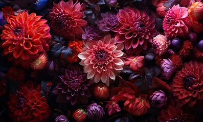 Poster - Autumn dahlia  flowers, showcasing various shapes and textures in rich reds, purples, and pinks, evoking a sense of natural vibrancy