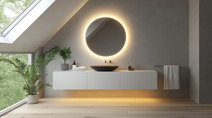 Sticker - This unique bathroom features a sleek black sink, a round illuminated mirror, and the beauty of natural light streaming through the attic window. Potted plants add a touch of greenery