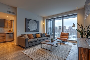Poster - A cozy living room featuring a gray sofa, an orange chair, and large windows showcasing a snowy city landscape. The room is warm and inviting with elegant decor
