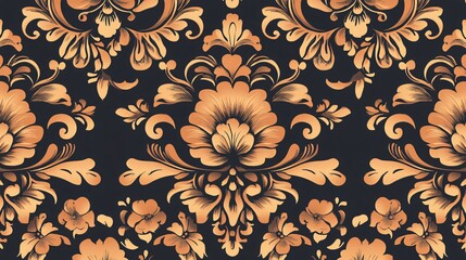 Seamless floral damask pattern with golden flowers and leaves on black background