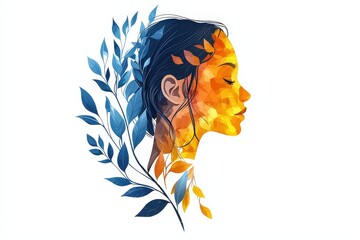 Aufkleber - This artwork features a striking profile of a woman adorned with bright colors and leaves, blending nature with a vibrant artistic flair, creating a harmonious visual experience