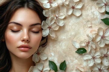 Wall Mural - A young woman is resting peacefully with her eyes closed, surrounded by delicate white flowers and green leaves, creating a calming atmosphere full of tranquility and beauty