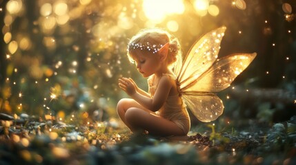 A young girl with fairy wings sits in a forest with golden light filtering through the trees.