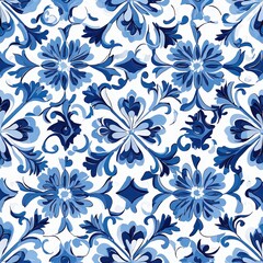 Poster - A detailed floral pattern features various shades of blue against a crisp white backdrop, highlighting artistry in textile design and creating a stunning visual effect