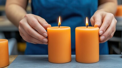 Canvas Print - A woman is holding two candles in her hands with a knife, AI