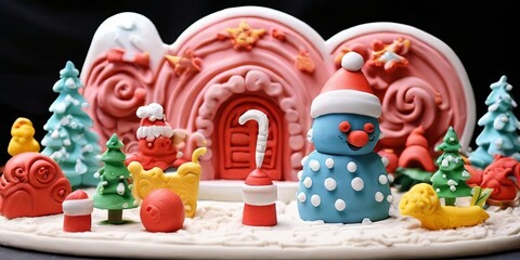 A colorful scene of a gingerbread house with a snowman and other decorations