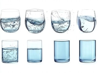 Poster - Water is shown splashing and settling in an array of glasses, illustrating distinct movements and reflections in each glass, highlighting the fluidity of the liquid