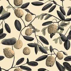 Wall Mural - Vintage Tamarind pattern on vintage beige fabric background, seamless repeating pattern, textile print style, minimal, exotic fruit design, rustic decor, textiles