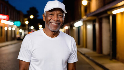 Senior black man wearing white t-shirt and white baseball cap standing in a city alley at night