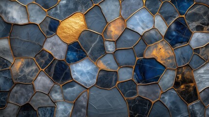 Wall Mural - Abstract mosaic pattern with blue, gold, and gray stones.