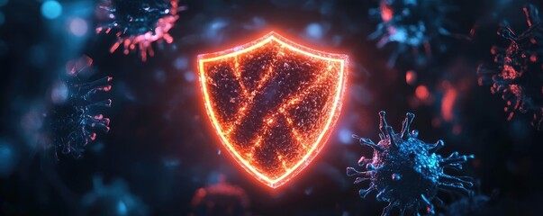 A glowing shield symbol against a backdrop of viruses, representing protection and cybersecurity in a digital world.