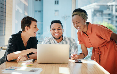 Sticker - Happy, collaboration and business people with laptop in meeting for design strategy, online campaign and website layout. Graphic designer, teamwork and laughing in boardroom for project brainstorming