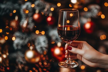 A woman's hand holds up an elegant glass of red wine against the backdrop of Christmas tree lights